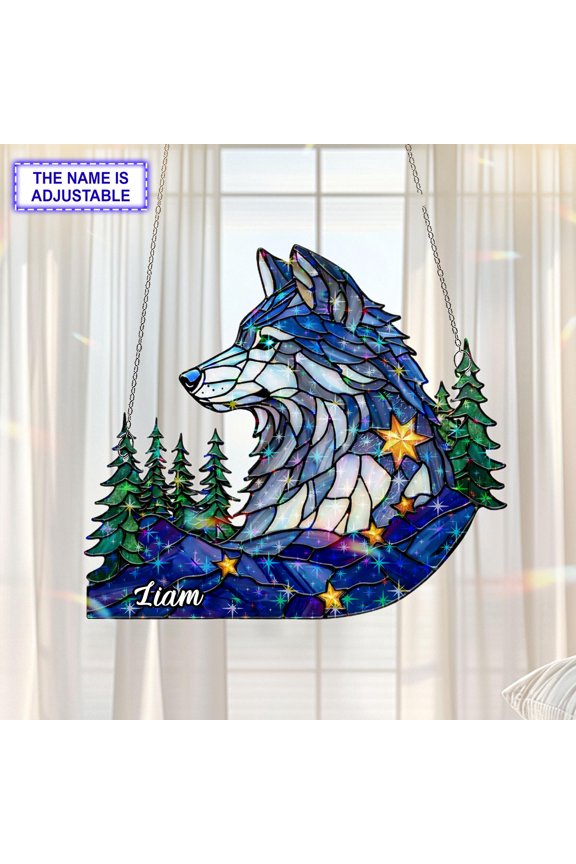 Personalized Wolf Forest Acrylic Suncatcher, Custom Name Holographic Window Hanging Decor, Fantasy and Celestial Decor