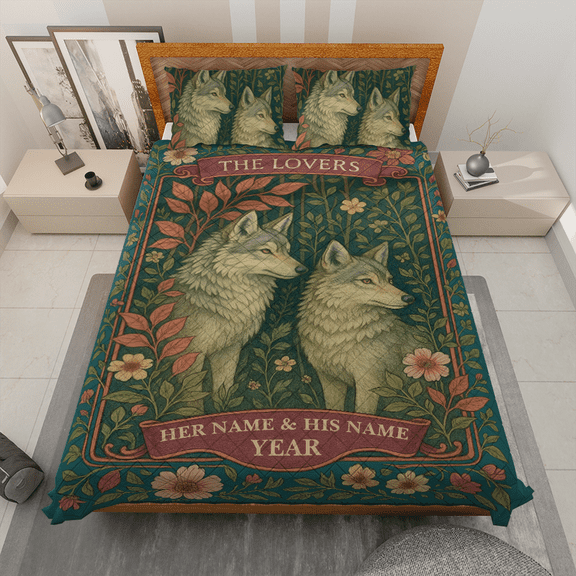 Personalized Wolf Lovers Quilt Bedding Set – Custom The Lovers Quilt Blanket & Pillowcases – Romantic Couple Wolf Quilt Bed Set – Nature Floral Bedding Gift for Anniversary or Valentine’s Day