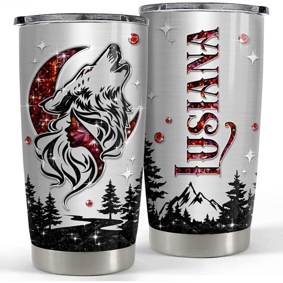Personalized Wolf Tumbler with Customize Name Jewelry Drawing 20oz Tumbler with Lid Gift for Woman Man Friend Wolf Lovers