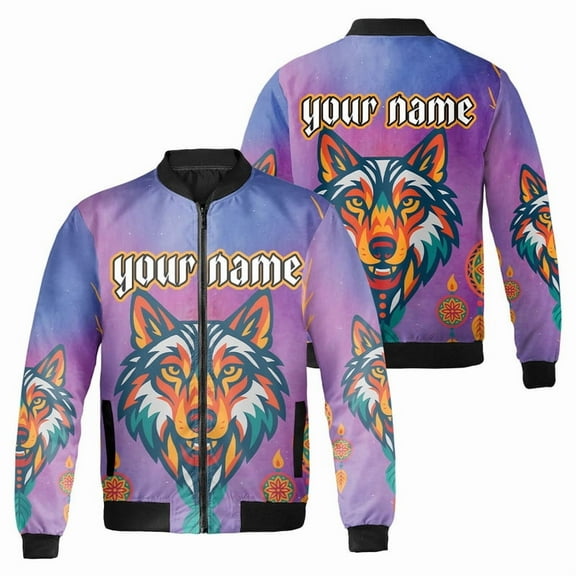 Personalized Wolf and Dreamcatcher Bomber Jacket – Custom Name Unisex Graphic Coat – Tribal Animal Print Outerwear for Men & Women