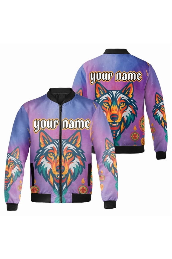 Personalized Wolf and Dreamcatcher Bomber Jacket – Custom Name Unisex Graphic Coat – Tribal Animal Print Outerwear for Men & Women