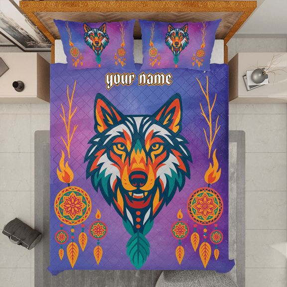 Personalized Wolf and Dreamcatcher Quilt Bedding Set – Custom Quilt Bed Set Dreamcatcher Design