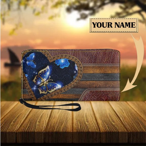 Personalized Women's Wallet Butterfly Pattern Leather Girls Purse Zipper Slim Wrist Strap Purse Female carteras de mujer