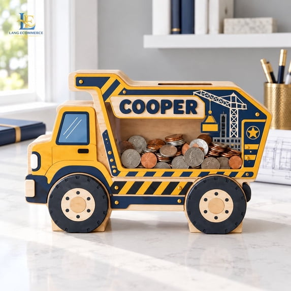 Personalized Wood And Acrylic Dump Truck Piggy Bank, Construction Crane ...
