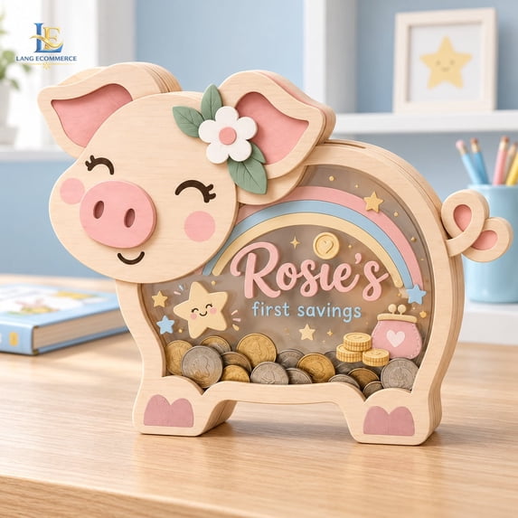 Personalized Wood And Acrylic Piggy Bank, Floral Pig Design with Custom ...