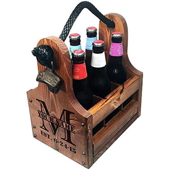 Personalized Wood Beer Caddy with Bottle Opener and Magnetic Bottle Cap Catcher. Handmade Rustic Wooden Six Pack Tote/Carrier - Split Monogram with Est. Date$$Home Decor, Kitchen, & Other