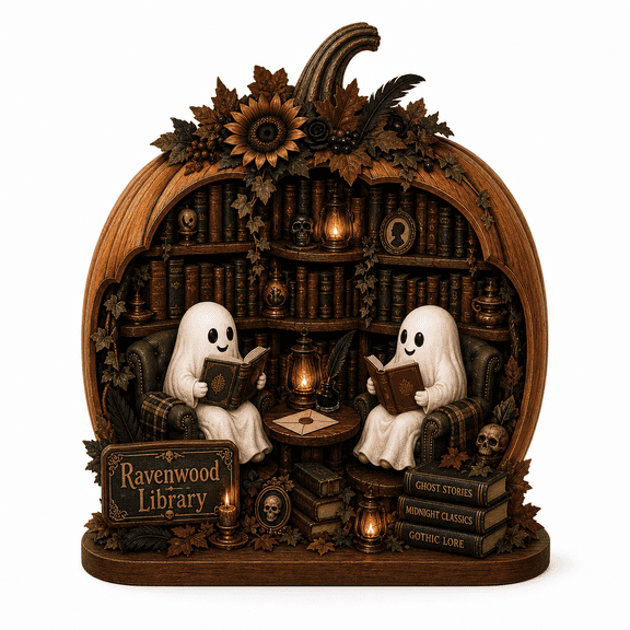 Personalized Wood Block Reading Ghost Halloween Pumpkin Wood Bookshelf Decor for Gothic Book Lovers