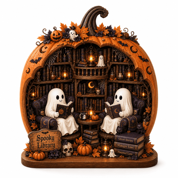 Personalized Wood Block Spooky Library Ghost Reading Pumpkin Wood Bookshelf Decor for Halloween Readers
