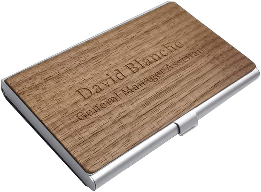 Personalized Walnut Wood Business Card Holder With Stainless Steel Interior - Custom Laser Engraved