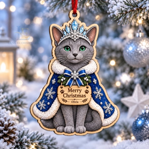 Personalized Wood Christmas Ornament Russian Blue Cat Tree Hanging Gift for Feline Lovers