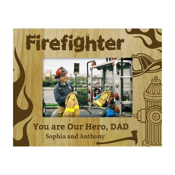Personalized Wood Engraved Firefighter Dad Picture Frame With Kids Name -4 x 6 Inches Vertical