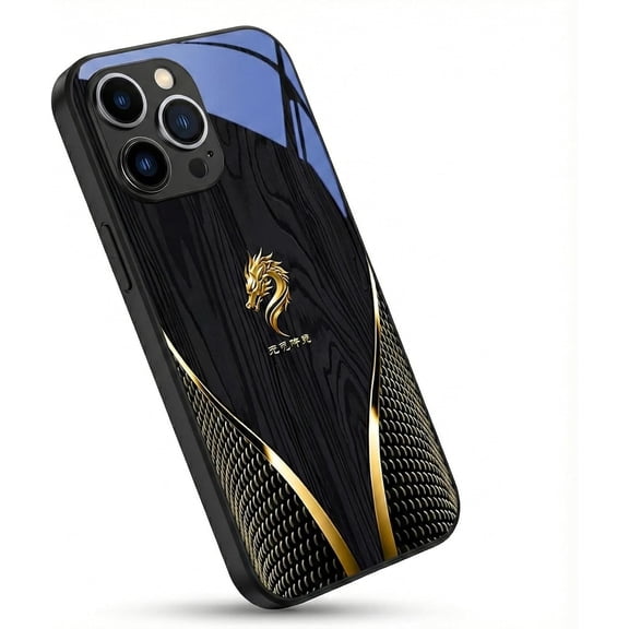 Personalized Wood Grain Dragon Compatible with Magsafe Tempered Glass Case Embossed Wood Grain Texture Golden Dragon Pattern (for 14,Black)
