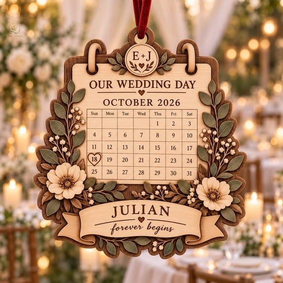 Wedded Monogram Personalized Wood Ornament Wedding Date Calendar Two Layer Tree ...