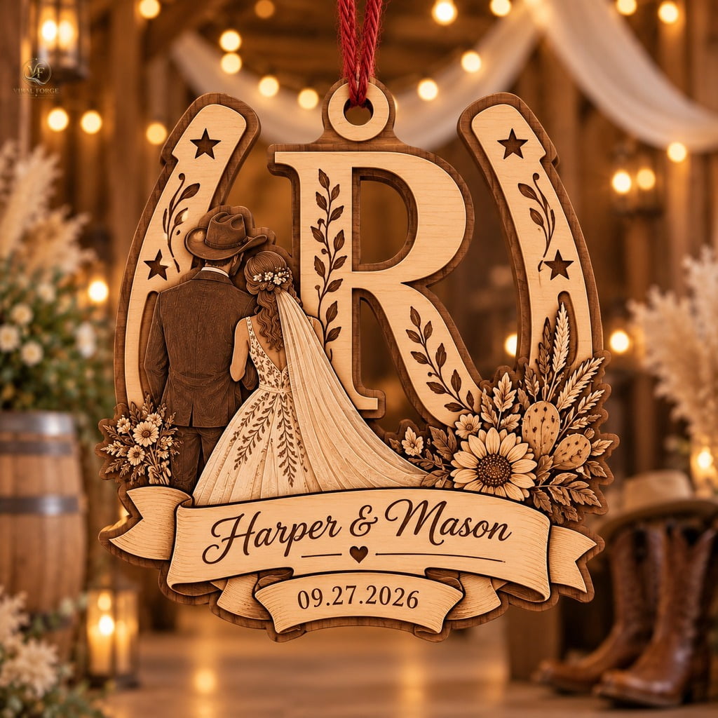 Wedded Monogram Personalized Wood Ornament Western Wedding Couple Horseshoe Monogram ...