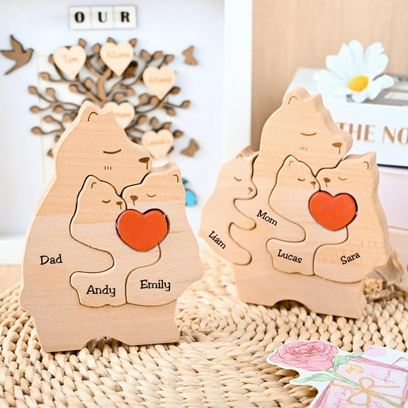 Personalized Wooden Bear Family Puzzle, Custom Single Parent Family Name Home Decor Statue