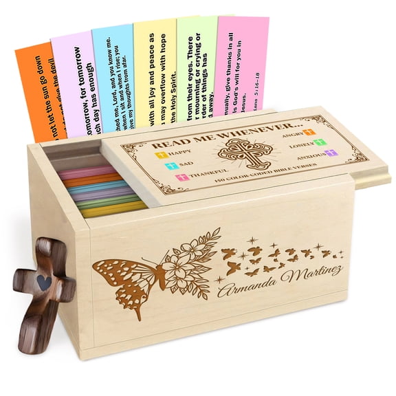 Personalized Wooden Bible Verse Prayer Box with Butterfly Engraving, 150 Color-Coded Scripture Cards, Inspirational Wooden Cross, Customizable Name, Ideal Gift for Faith & Spirituality