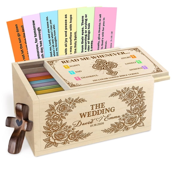 Personalized Wooden Bible Verse Prayer Box for Couple, Maple Wood Faith Keepsake with Custom Names and Wedding Date, Christian Wedding or Anniversary Gift