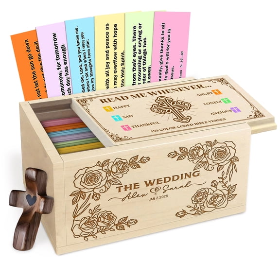 Personalized Wooden Bible Verse Prayer Box for Couple, Maple Wood Faith Keepsake with Custom Names and Wedding Year, Christian Wedding or Anniversary Gift