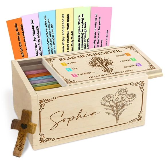Personalized Wooden Bible Verse Prayer Box with Custom Name and Birth Month Flower, Maple Wood Faith Keepsake with Scripture Cards and Wooden Cross, Inspirational Christian Gift
