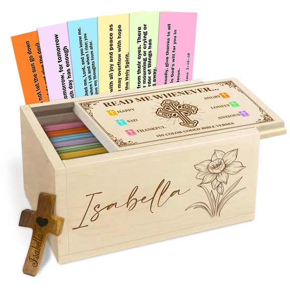 Personalized Wooden Bible Verse Prayer Box with Custom Name and Birth Month Flower, Maple Wood Faith Keepsake with Scripture Cards and Wooden Cross, Meaningful Christian Gift