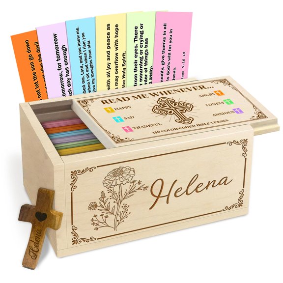 Personalized Wooden Bible Verse Prayer Box with Custom Name and Birth Month Flower, Maple Wood Faith Keepsake with Scripture Cards and Wooden Cross, Thoughtful Christian Gift