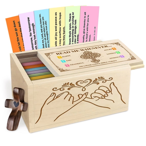 Personalized Wooden Bible Verse Prayer Box with "Pinky Promise" Engraving, Maple Wood Keepsake Box with 150 Color-Coded Scripture Cards & Wooden Cross, Inspirational Gift for Couples
