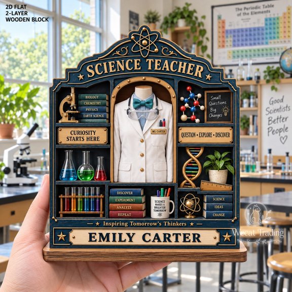 Personalized Wooden Block, 2-Layer Science Laboratory Desk Display for Teachers