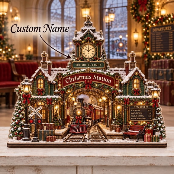 Personalized Wooden Block Christmas Train Station Table Decor