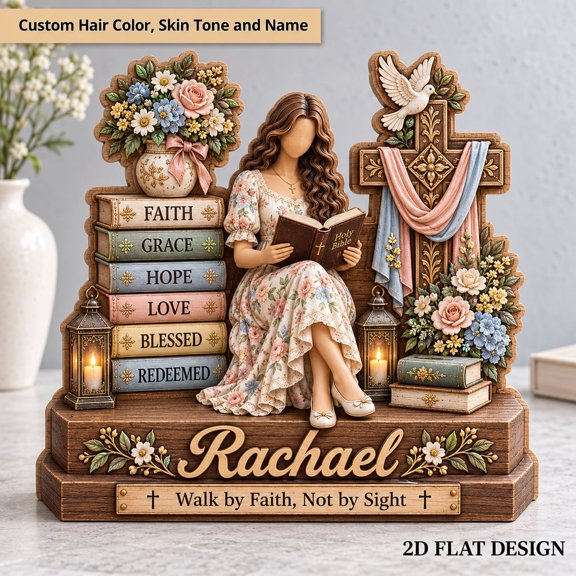 Personalized Wooden Block Decor, Christian Woman Reading Bible with Floral Faith Scripture and Custom Name, Christian Home Decor Gift 3 Layered