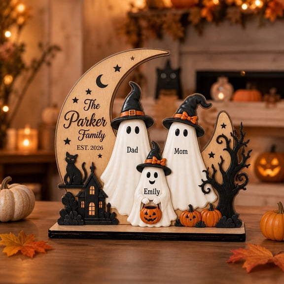 Personalized Wooden Block Ghost Witch Hat Family Wood Tabletop Halloween Decoration for Family