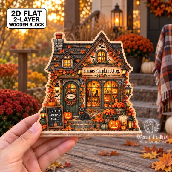 Personalized Wooden Block Halloween Pumpkin Cottage 2-Layer Tabletop Display for Hostess Gift