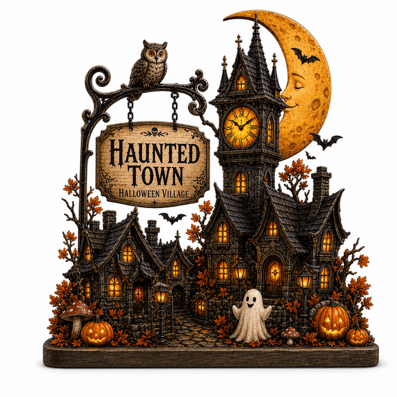Personalized Wooden Block Haunted Village Clock Tower Wood Shelf Decor for Halloween Lovers