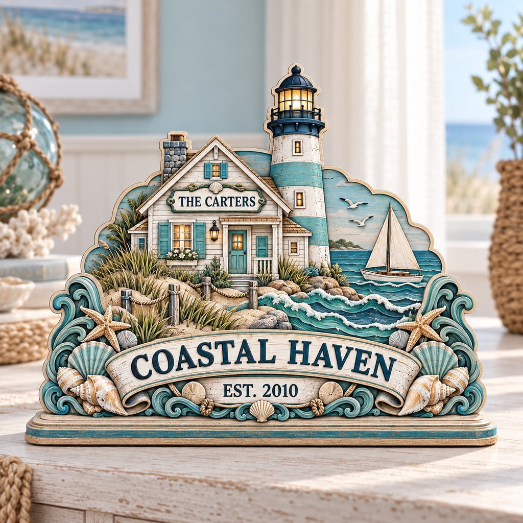 Personalized Wooden Block Lighthouse Cottage Tabletop Display for ...