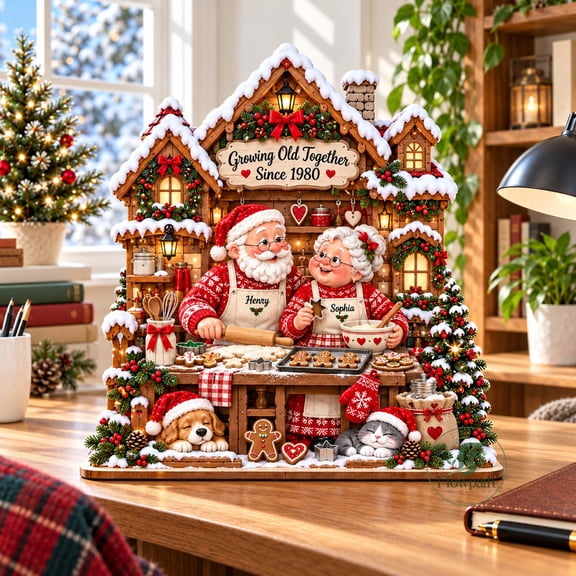 Personalized Wooden Block Santa Couple Baking Gingerbread Tabletop Display Christmas Anniversary Gift
