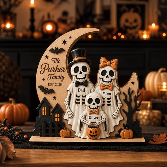 Personalized Wooden Block Skeleton Family Tabletop Halloween Decoration for Family