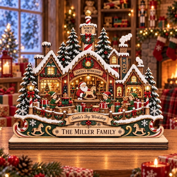 Personalized Wooden Block Tabletop Display Santa's Toy Workshop