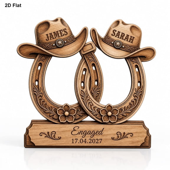 Personalized Wooden Block Western Couple Horseshoe Cowboy Hat Centerpiece Decor Engagement Wedding Gift