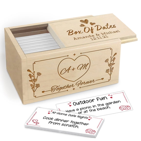Personalized Wooden Box of Dates for Couples, Custom Name & Date Love Keepsake with 100 Date Night Cards, Romantic Gift for Anniversary, Valentine’s Day