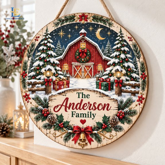 Personalized Wooden Christmas Sign Snowy Barn Pine Theme Round Door Hanger for Holiday Home Decor