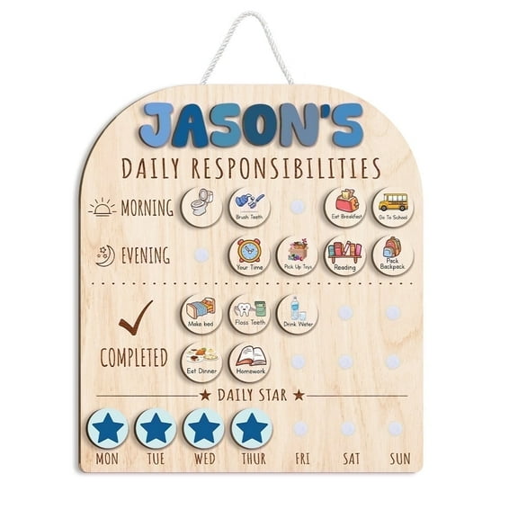 Personalized Wooden Daily Responsibilities Chore Chart With Stars Reward For Boys