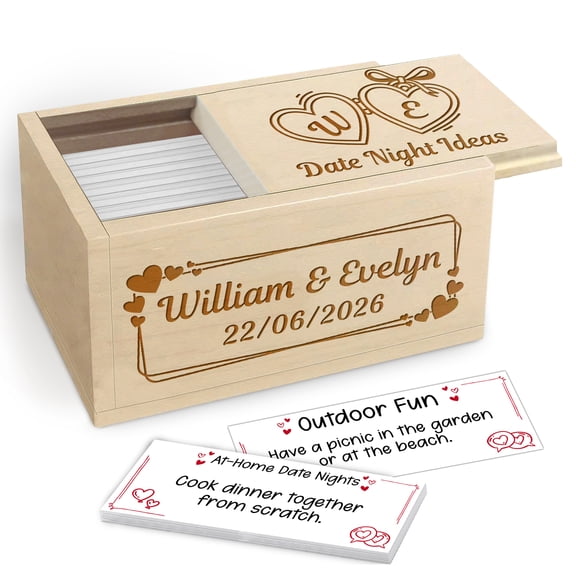 Personalized Wooden Date Night Ideas Box, Custom Names & Date, Maple Wood Couple Keepsake with Date Idea Cards, Romantic Gift for Anniversary or Wedding