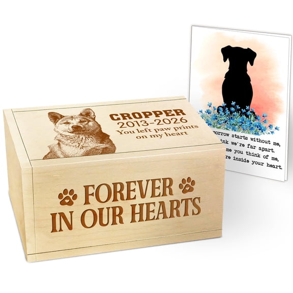 Personalized Wooden Dog Urn with Photo, “Forever In Our Hearts” Custom Pet Memorial Keepsake Box, Small Rectangular Cremation Urn for Dogs