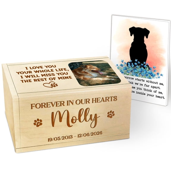 Personalized Wooden Dog Urn with Photo, “Forever In Our Hearts” Custom Pet Memorial Keepsake Box, Small Rectangular Cremation Urn for Dogs