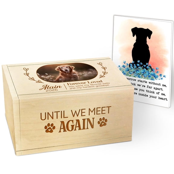 Personalized Wooden Dog Urn with Photo, “Until We Meer Again” Custom Pet Memorial Keepsake Box, Small Rectangular Cremation Urn for Dogs