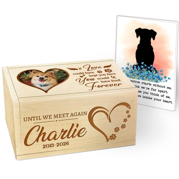 Personalized Wooden Dog Urn with Photo, “Until We Meet Again” Custom Pet Memorial Keepsake Box, Small Rectangular Cremation Urn for Dogs