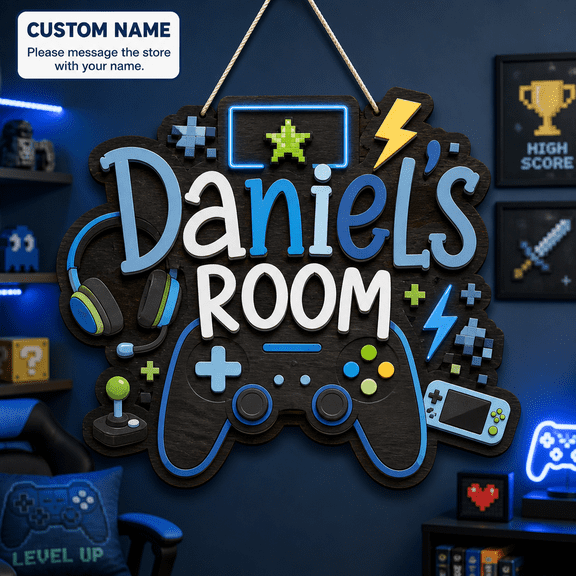 Personalized Wooden Door Sign Gaming Zone Custom Name Hanging Room Sign for Gamer Bedroom