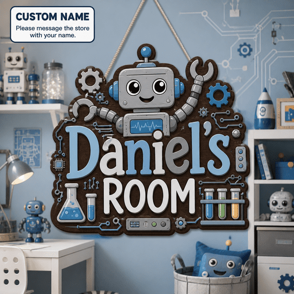 Personalized Wooden Door Sign Robot Lab Custom Name Room Hanging Sign for Bedroom
