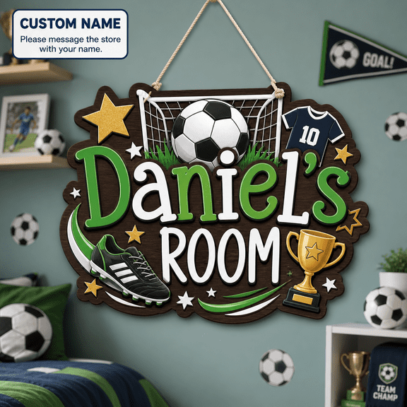 Personalized Wooden Door Sign Soccer Star Wooden Room Door Hanger Custom Name for Soccer Fans