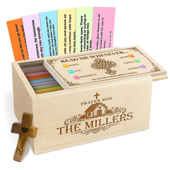 Personalized Wooden Family Prayer Box for Neighbors, Custom Name Christian Keepsake Box with Scripture Cards and Wooden Cross, Faith Home Decor Gift