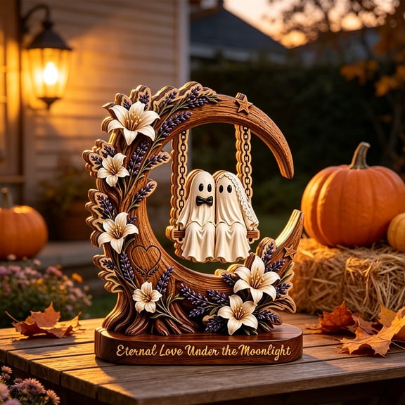 Personalized Wooden Ghost Couple Sign, Custom Engraved Name Date, Double Layer Floral Tabletop Decor, Wedding Anniversary Memorial Gift for Couple, 5.5 Inch